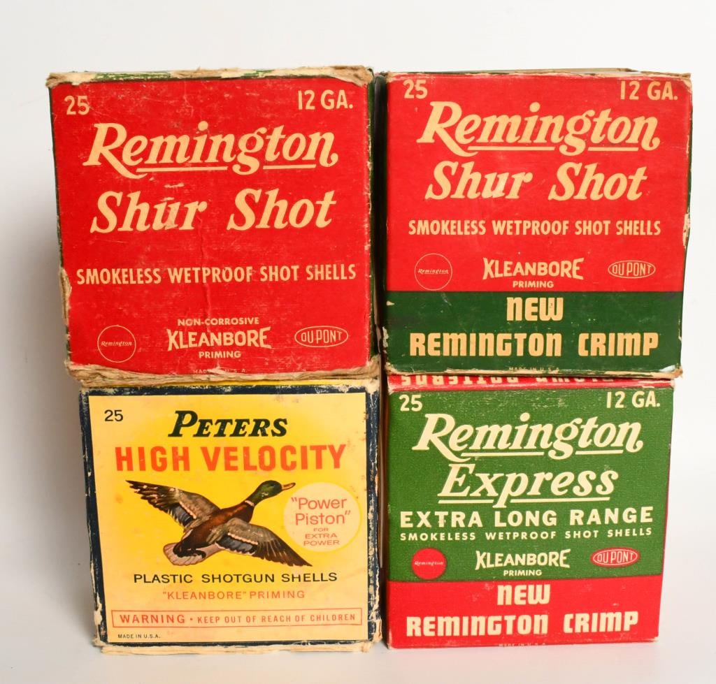 Collector Boxes of Remington and Peters 12 Gauge: Approx 100 Rounds of Various Shells. Two boxes of Remington Shur Shot, One box of Remington Express and one box of Peters High Velocity Power Piston