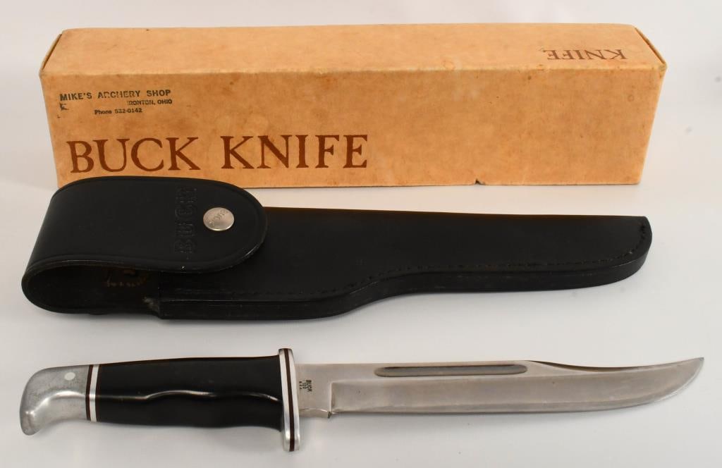 Authentic Buck Knife with Sheath and Original Box: Buck knife w/ original box and Sheath. Knife is stamped "Buck 120 U.S.A." Length of the blade is 7 1/2" With a total length of 12"