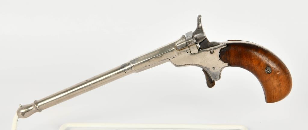 Antique German Flobert Parlor Pistol 6mm: Up Next We Have an Antique German Flobert Parlor Pistol Chambered in 6mm, 7" Bulbous Barrel, Spur Trigger, Smooth Grips and Nickel Finish. What an Odd Barrel Design, Very Unique!