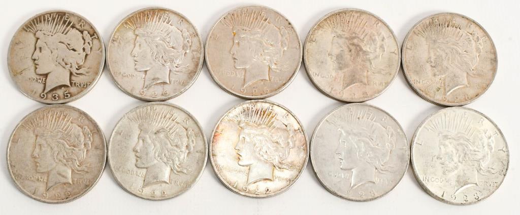 10 Liberty Silver Peace Dollar Coins: 3 Dated 1922 1 Mint Marked D , 3 Dated 1923 1 Mint Marked D , 1 Dated 1925 Mint Marked S , 2 Dated 1926 Both Mint Marked S, & 1 Dated 1935 Mint Marked S