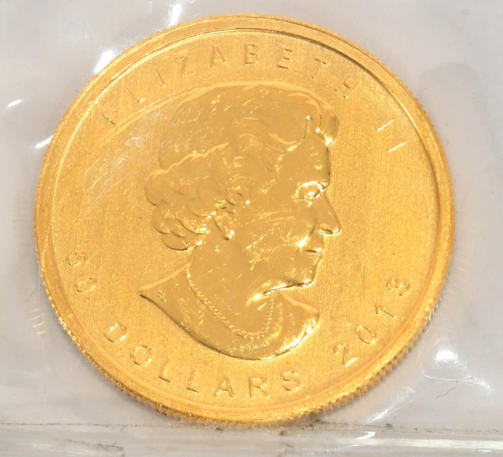 1 OZ Fine Gold Canadian Maple Leaf 50 Dollar Coin: Dated 2013 Has Elizabeth II On the Front , Coin Appears in Overall Excellent Condition