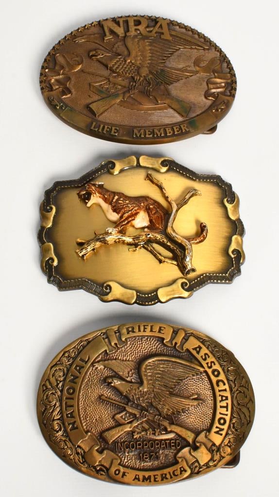 Collectible NRA & Raintree Belt Buckles: NRA collectors edition solid brass "Life Member" belt buckle, Collectors edition solid brass "National Rifle Association of America" belt buckle. Raintree Buckle & Jewelry Inc. 3D Cougar on a Branch b