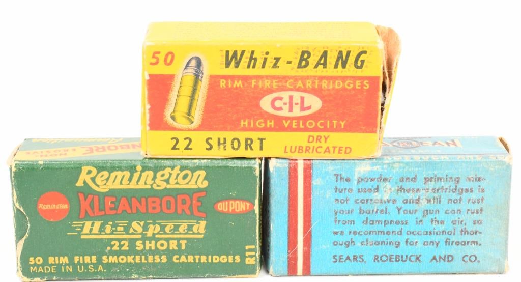 3 Collector Boxes Of .22 Short Ammunition: 50 Rounds Are whiz bang CIL , 50 Rounds Are Sears Sta-Klean & 50 Rounds are Remington Kleanbore R11 Ammunition