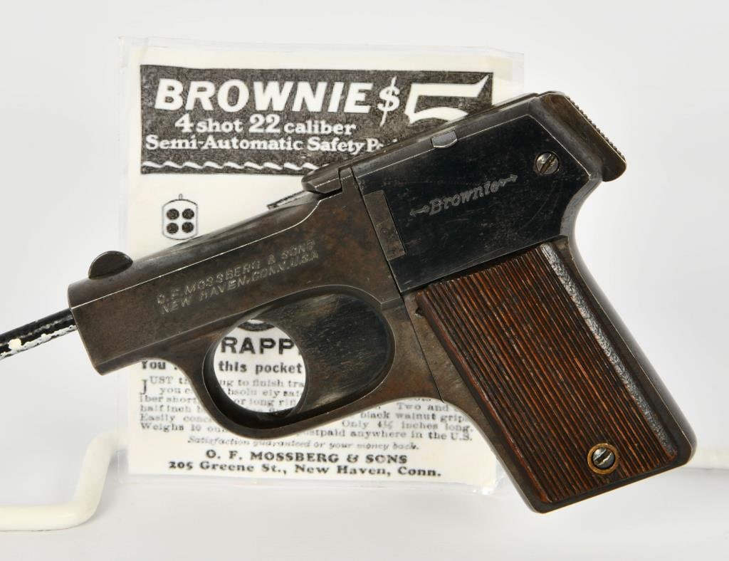 Mossberg Brownie 4 Shot .22 LR Pistol: Here is a Cool one, that you rarely see! Yes, Mossberg made pistols, and a pretty cool one! Here we have a Mossberg Brownie in good functioning condition. The Mossberg Brownie is a four shot, .22 Long