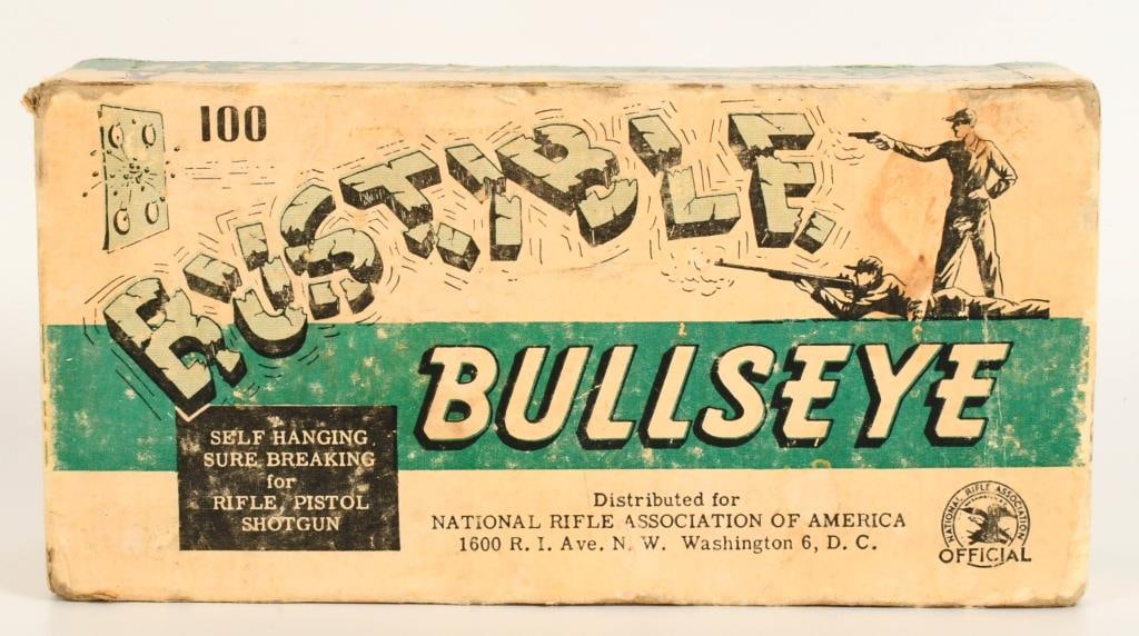 Collector Box of "Bustible" Bullseye Targets: Self Hanging, Sure Breaking for Rifle, Pistol, Shotgun Approx 100 Targets. Officially distributed for NRA