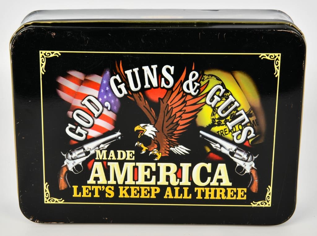 God, Guns & Guts Made America Knife Set: 4 Knives Total, 3 Are Folding Pocket Knives, With 1 Fixed Bladed Knife, Comes In The Original Collector Tin Container Still Factory Cellophane Wrapped