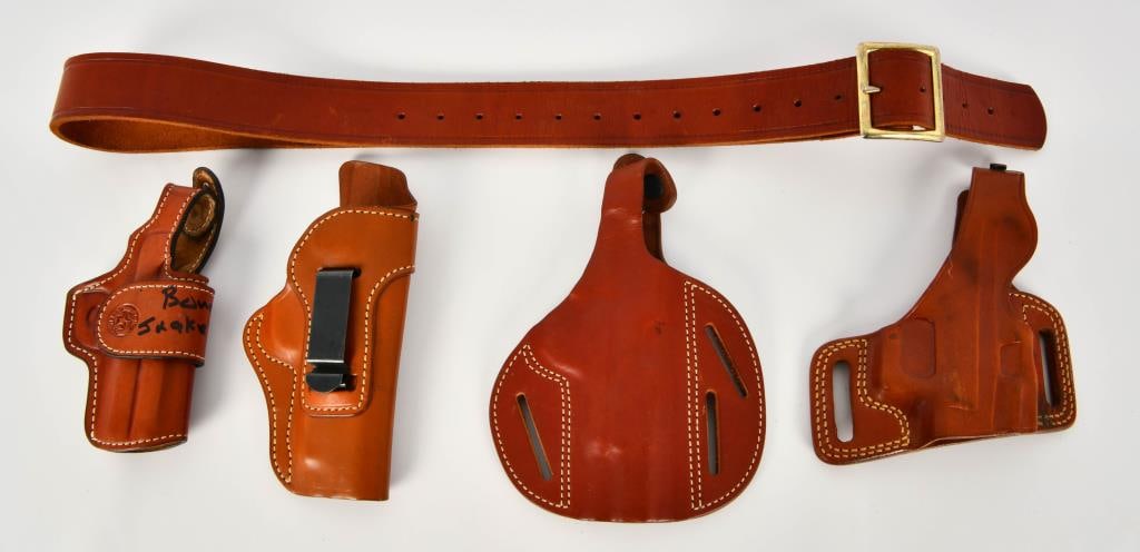 4 Various Leather Holster & 1 Leather Belt: 1 Old World Right Handed Holster, 1 Galco Right Handed Holster, 1 Bond Defender Holster, 1 CQC Blackhawk Size 2 Colt 1911 C IWB Right Handed Leather Holster & 1 Leather Belt