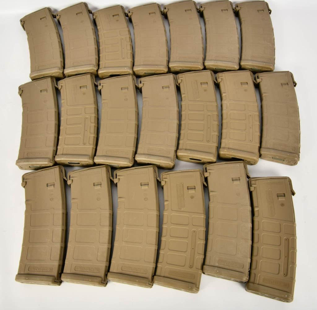 20 Pmag Desert Tan 5.56x45 Polymer Magazines: 30 Round Capacity , Desert Tan Color, 5.56x45mm Caliber, Some With Dust Cover Caps, Magazines Do Have Dates Codes , Know your State Laws Before Bidding On High Capacity Magazines