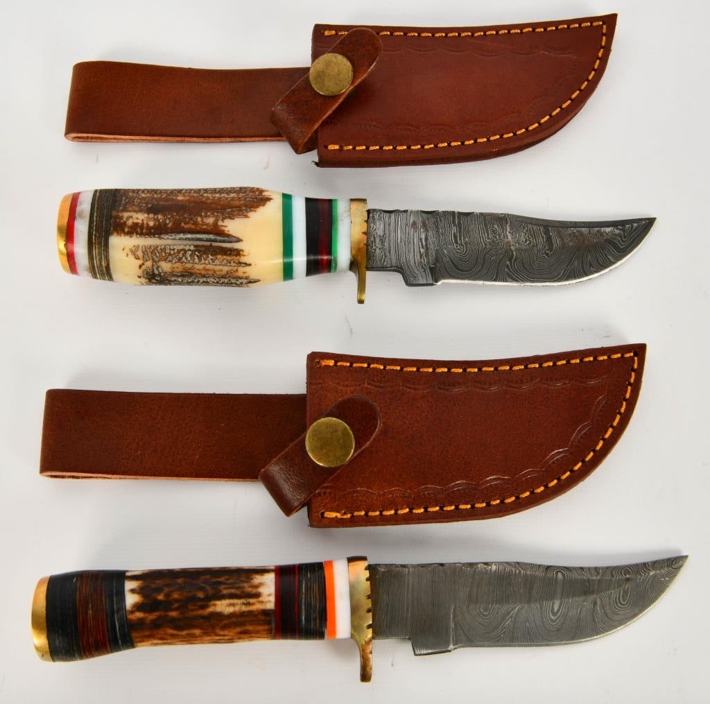 2 Custom Handmade Damascus Fixed Blade Knives: Custom Made Wood Handles, These Knives Are Made From Several Layers Of 1095 And 15N20 Steel Folded Multiple Times Creating 288 And 512 Layers to Form Unique Patterns, Each Knife Has Custom Fit Handles