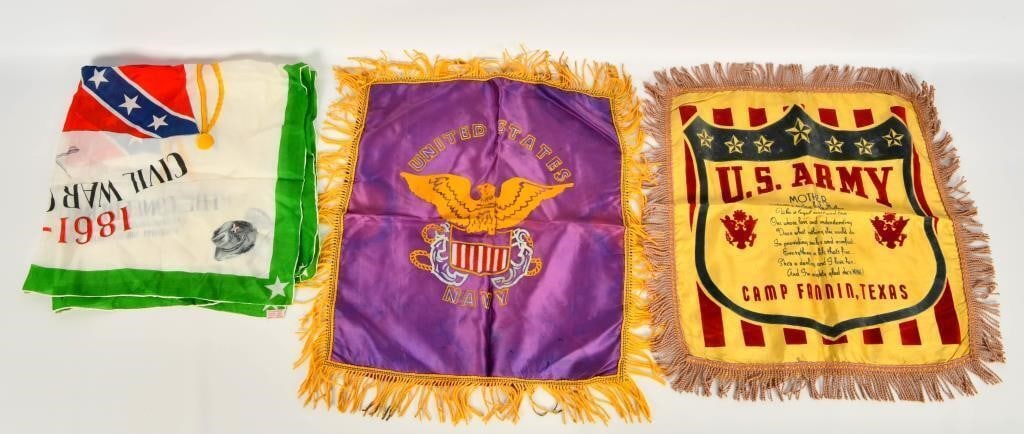 2 Vintage US Army & Navy Mother Pillow Cases: Greetings esteemed bidders! Up for auction are two vintage US Army and Navy mother pillowcases, accompanied by a silk cloth featuring the Confederate States of America.