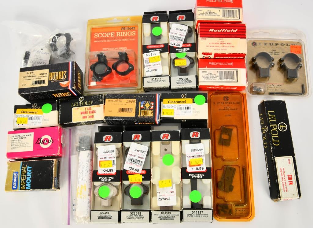Large Lot of Various Scope Rings & Bases: Contains Redfields 1" Split High Rings New , Millett scope Rings New , Burris Standard Rings ,& So Much More!
