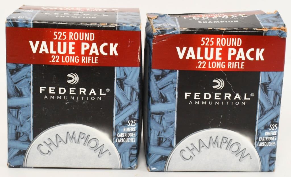 2 boxes Pack of Federal .22 LR ammo see below: lot contains two boxes of 525 rounds Federal CHampion .22 LR ammunition High velocity ammo, 36 grain copper plated hollow point. PLEASE NOTE ONE BOX HAS A FEW OUNCES REMOVED new box weighs 3 lbs 12.4 