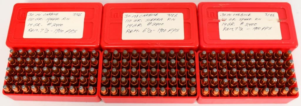 150 rds .30 M1 Carbine Ammo (3) containers: container one shows: 50 rds .30 M1 Carbine 110 gr speer RN 14 GR #2400 REM 7.5-1900 FPS container two shows; 50 rds .30 M1 Carbine 110 gr sierra RN 14 GR #2400 Rem 6.5-1900 FPS Container three shows; 