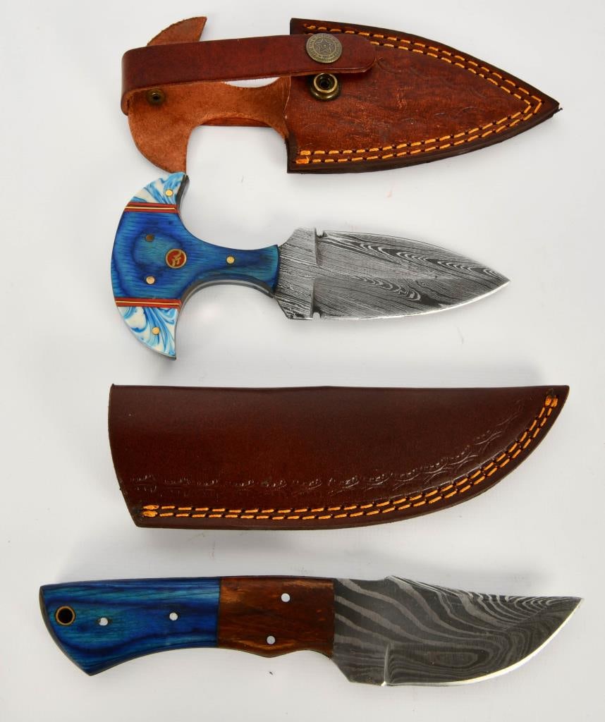 2 Custom Handmade Damascus Fixed Blade Knives: Custom Made Wood Handles, These Knives Are Made From Several Layers Of 1095 And 15N20 Steel Folded Multiple Times Creating 288 And 512 Layers to Form Unique Patterns, Each Knife Has Custom Fit Handles