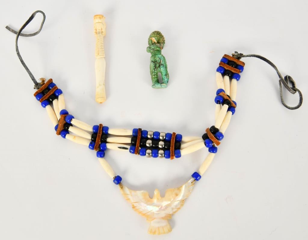 3 Various Native American Pieces: Contains 1 Bone Dragon Design Cigarette Holder,1 Jade Native American Figurine, & 1 Mother Of Pearl Bird Necklace