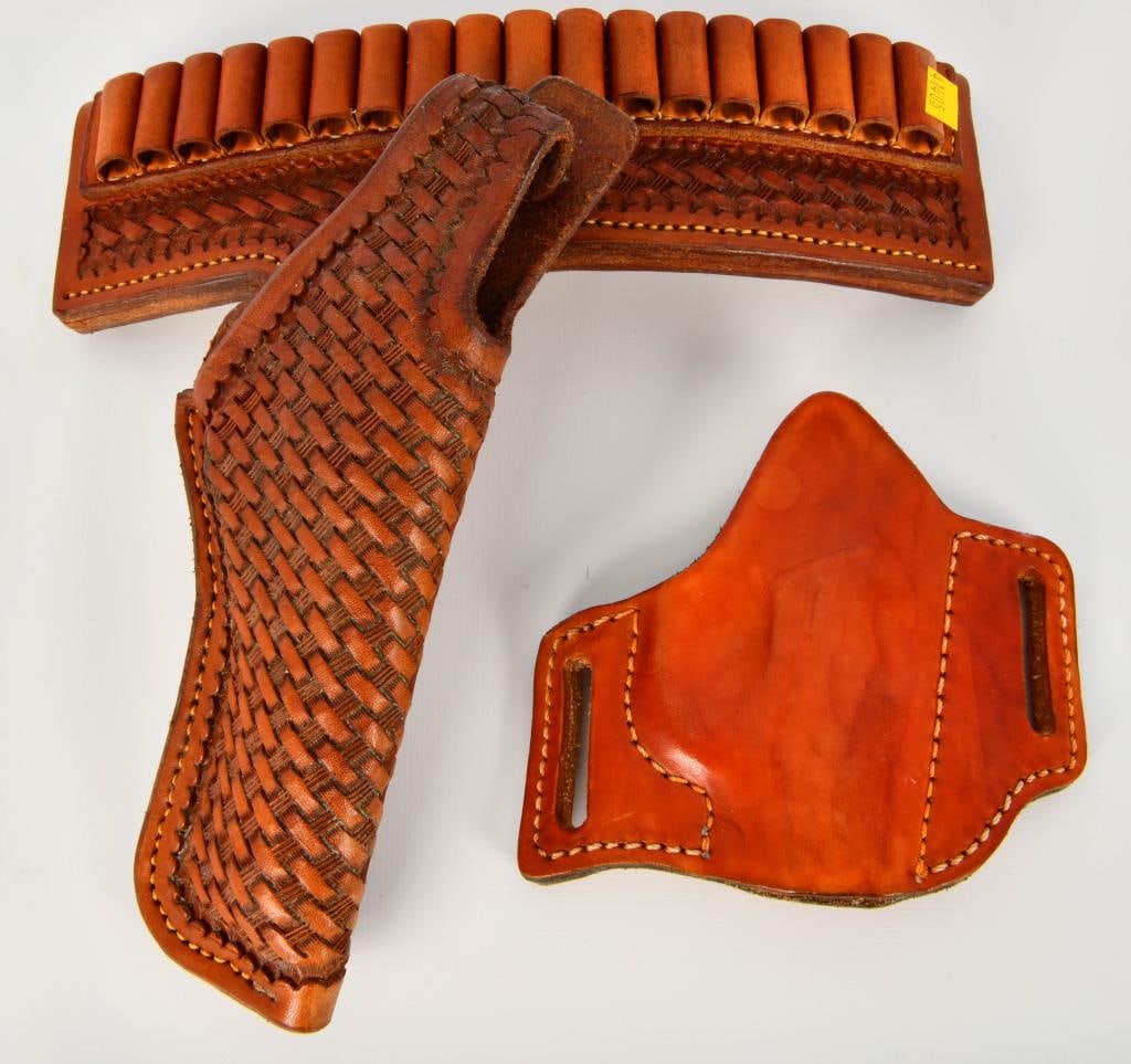 1 Leather Holster & Half Belt Combo & 1 Holster: 1 Basket Weave Like Design Half Belt With Ammo Loops Unmarked Appears to Fit Smaller Frames & 1 Leather Half Holster Unmarked Appears Might Fit 1911s