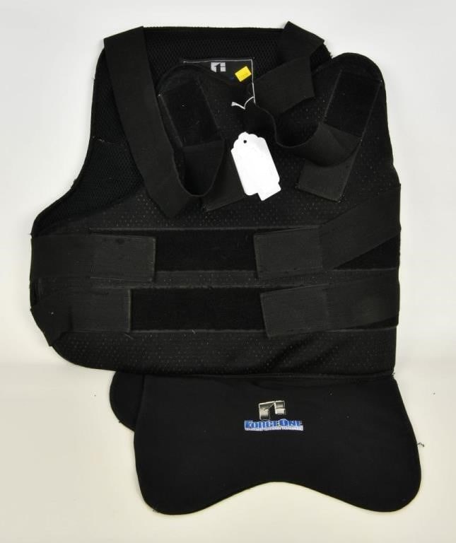 Force One Advanced Ballistic Protection Vest Size: M/R; Available is a Force One Advanced Ballistic Protection Vest in size M/R, featuring a sleek black design with adjustable straps for a secure fit.