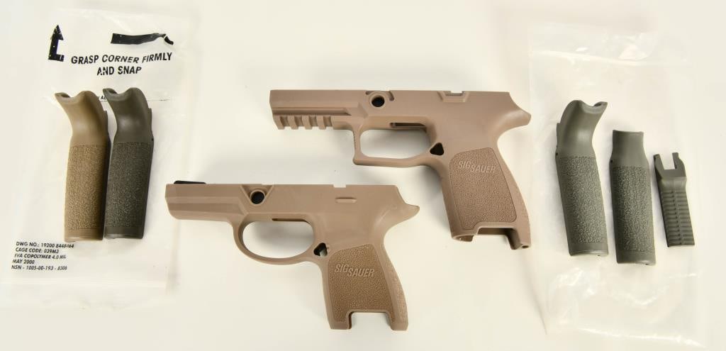 2 Sig Sauer Grip Modules in Tan Color: Bidders, here's a great opportunity to enhance your Sig Sauer setup! Up for auction are two Sig Sauer grip modules in a stylish tan color. These grip modules are perfect for customizing your pistol, p