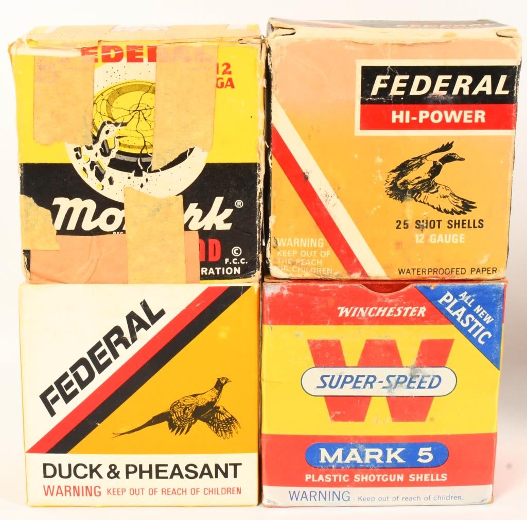 approx 90 rds of various 12 gauge shotshells: lot contains four boxes of various 12 gauge ammunition one box is Winchester plastic super speed shotshells Mark 5 6 shot . one box appears to be a mixture of Federal 12 gauge waterproofed paper shotg