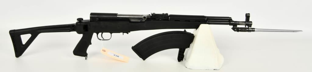 Chinese SKS Semi Auto Rifle 7.62X39: Presenting the Chinese SKS, a semi-auto rifle chambered in 7.62x39, featuring several enhancements for a versatile shooting experience. This SKS model is equipped with a folding synthetic stock, provi