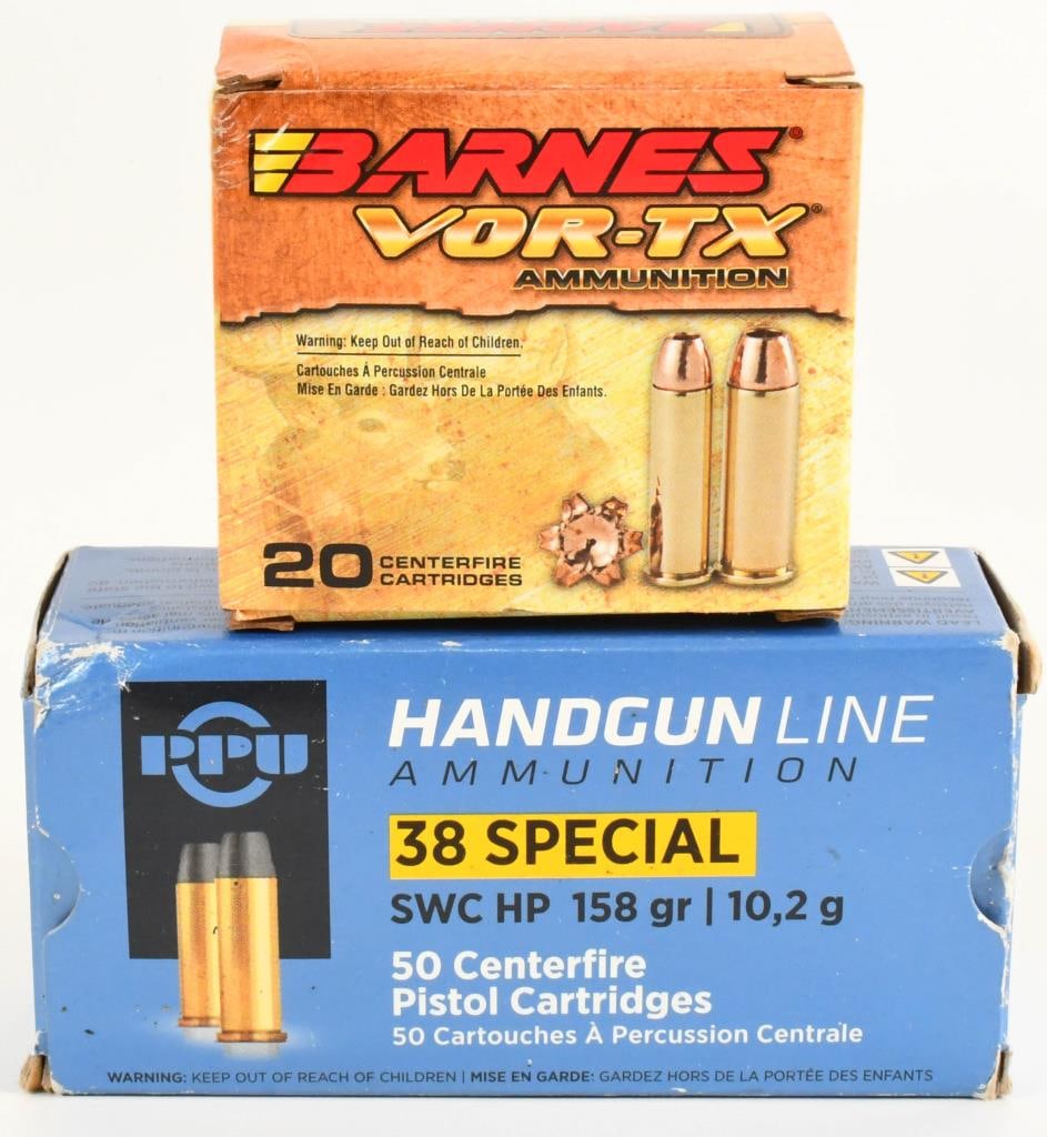 28 rds .38 special and 18 rds .357 mag ammo: one box PPU Handgun line .38 special 28 rds SWC HP 158 gr and 22 brass casings one box Barnes Vortex ammo approx 18 rds .357 mag 140 grain XPB HP and 2 brass casings