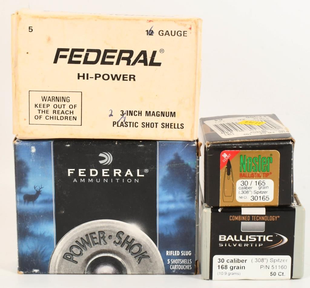 Ballistic Silvertip 30 caliber bullet & 30 cal Nos: lot contains Ballistic tips and Nosler 30 cal tips and shotshells as listed: 5 rds shotshells of Federal Power Shok 10 Ga 3.5" magnum rifled slug HP 5 rds shotshells of Federal Hi Power 16 gauge shots
