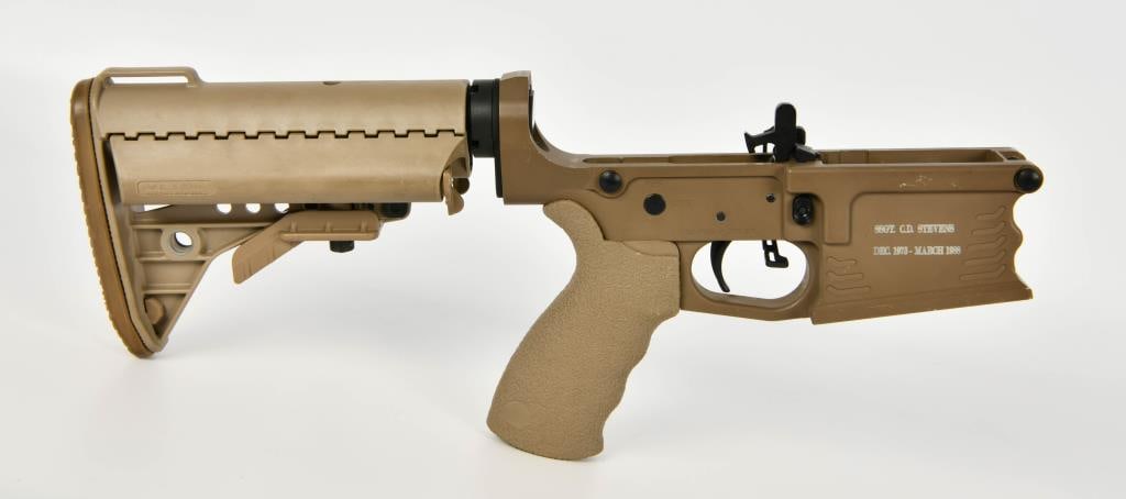 Shadow Ops Weaponry AR10 Complete Lower: Up Next We Have a Shadow Ops Weaponry AR10 Complete Lower Receiver in FDE, Chambered For 7.62 NATO (.308) VLTOR Adjustible Buttstock, Ergo Pistol Grip, Model SHDW-308D, Enscribed on Left SSGT. CD Stev