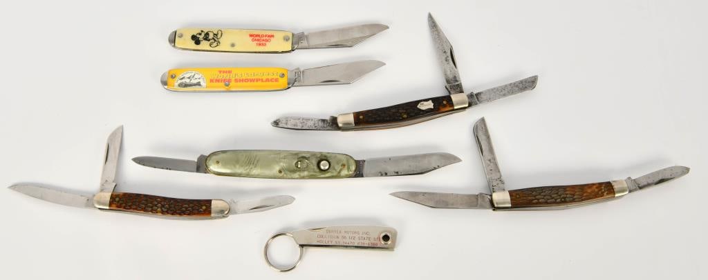7 Various Vintage Folding Pocket Knives: 4 Schrade 1 is a Walden 2 Are 834 & 1 855 Knife, & 3 Various Knives