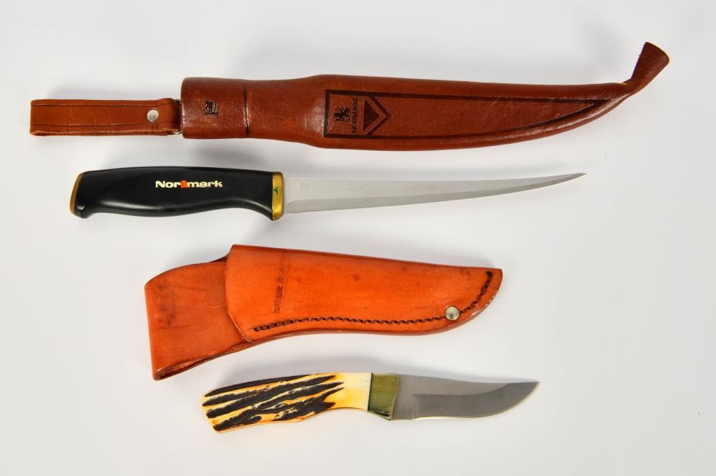 1 Fillet Knife & 1 Fixed Blade Knife W/ Sheaths: 1 Fiskars Finland Fillet Knife With Sheath Appears in Excellent Condition & 1 Bear MGC Full Tang Knife With Leather Sheath