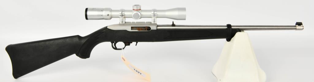 Stainless Ruger 10/22 Semi Auto Carbine Rifle .22: Up Next We Have a Stainless Ruger 10/22 Semi Auto Carbine Chambered in .22 LR, Synthetic Stock, Topped WIth a Simmons Scope, Needs to be cleaned up, Some Light Rust on Bolt and Mag Release, Functions