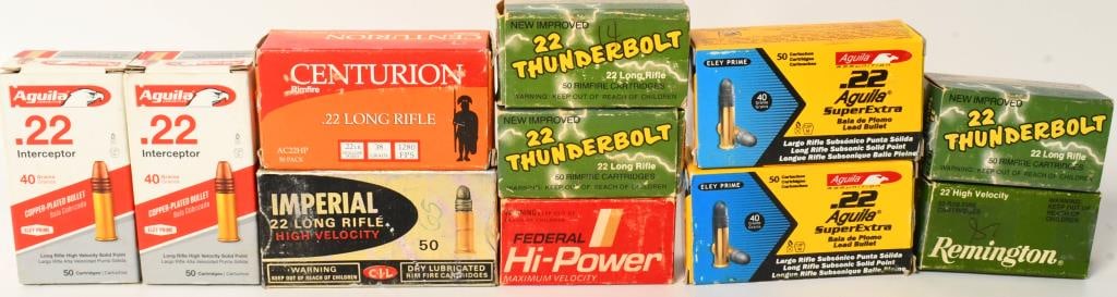 490 rds of .22 ammo various MFG: approx 100 rds (2) boxes are Aguila .22 super extra lead bullet Eley prime one box of 50 rds are Federal Hi-Power .22 LR bird shot, there is one box of 50 rds of Centurion rimfire .22 lr 38 grain1280 
