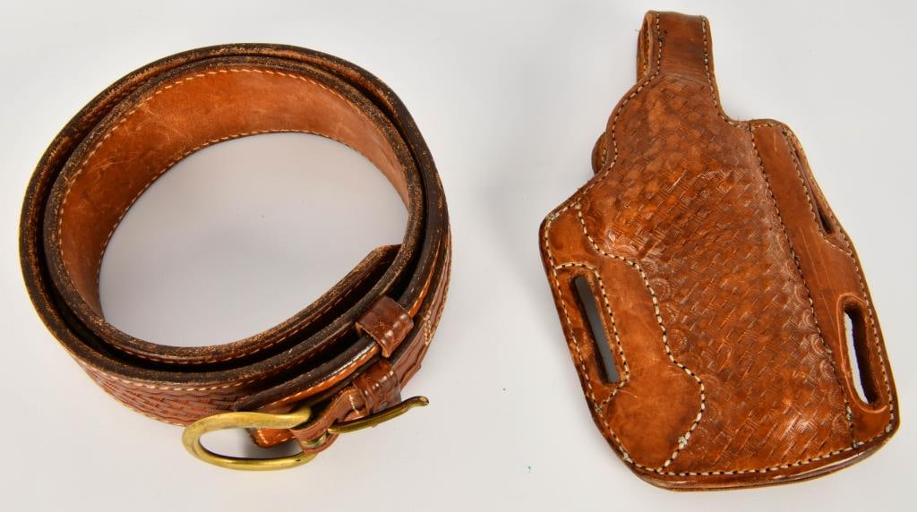 Leather Holster & Leather Belt Combo Set: Contains 1 Unmarked Large Size Right Handed Revolver Holster With Approx Size 38 Leather Safariland Belt