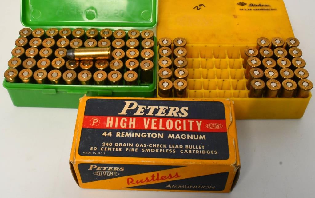 approx 98 rds of various 44 Remington Mag ammo: lot contains one box of approx 19 rds of the Peters high velocity 44 rem mag ammo240 gr gas check lead bullet one plastic container that shows approx 29 rds of various headstamp 44 rem mag ammo one pl