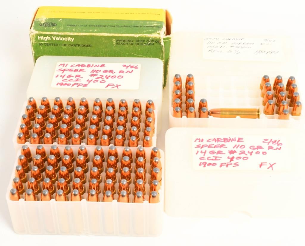 approx 167 rds of .30 M1 Carbine Ammunition: 100 rds of M1 Carbine remanufactured ammunition, the sticker on each box shows M1 Carbine Speer 110 grain RN 14 gr #2400 CCI 400 1900 FPS dated 2/86 26 rds various M1 Carbine remanufactured ammunition