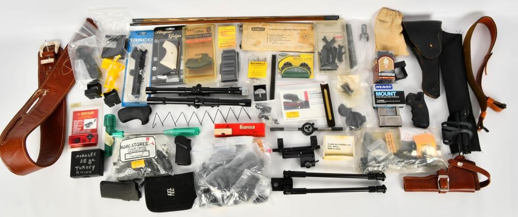 Huge Lot of Various Gun Smithing Accessories: Lot Contains Scope, Hand Grips, Springs, Bore Brushes, Scope Ring Mounts & So Much More!!!!