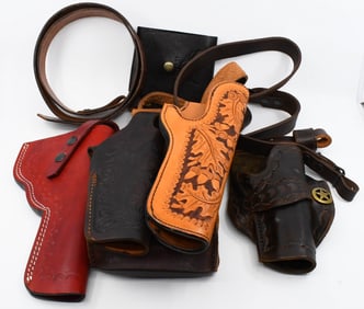 Lot of 9 Tooled Leather Goods - Holsters Belts