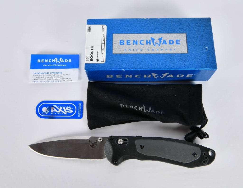 New Benchmade 590 Boost AXIS-Assist Knife: The Benchmade Boost is a fast-action AXIS-Assist knife featuring an integrated safety and a solid ergonomic design. This 590 model has a satin finished CPM-S30V premium stainless steel blade with a pl