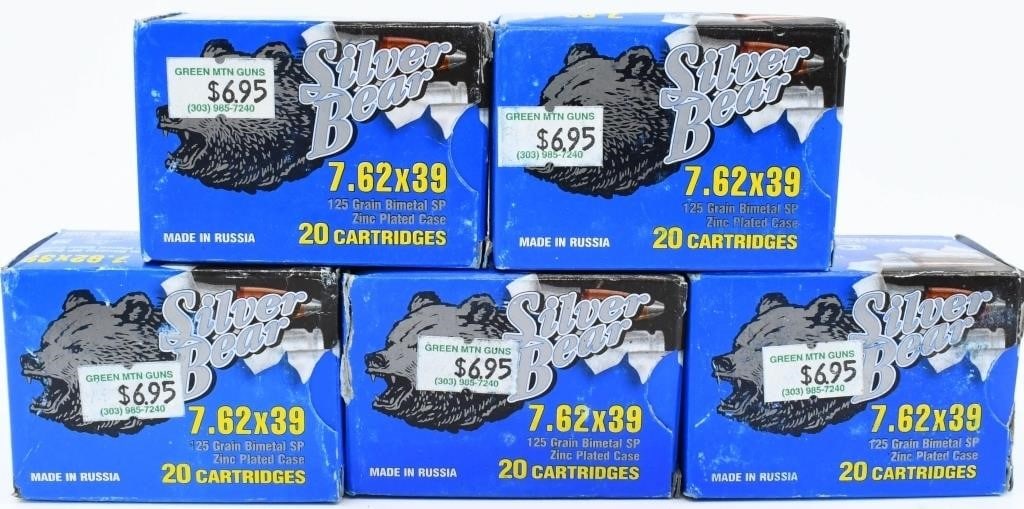 100 Rounds of Silver Bear 7.62x39 Ammunition: 125 Grain Bimetal Soft Point Ammo Zinc Plated Steel Cased Ammunition