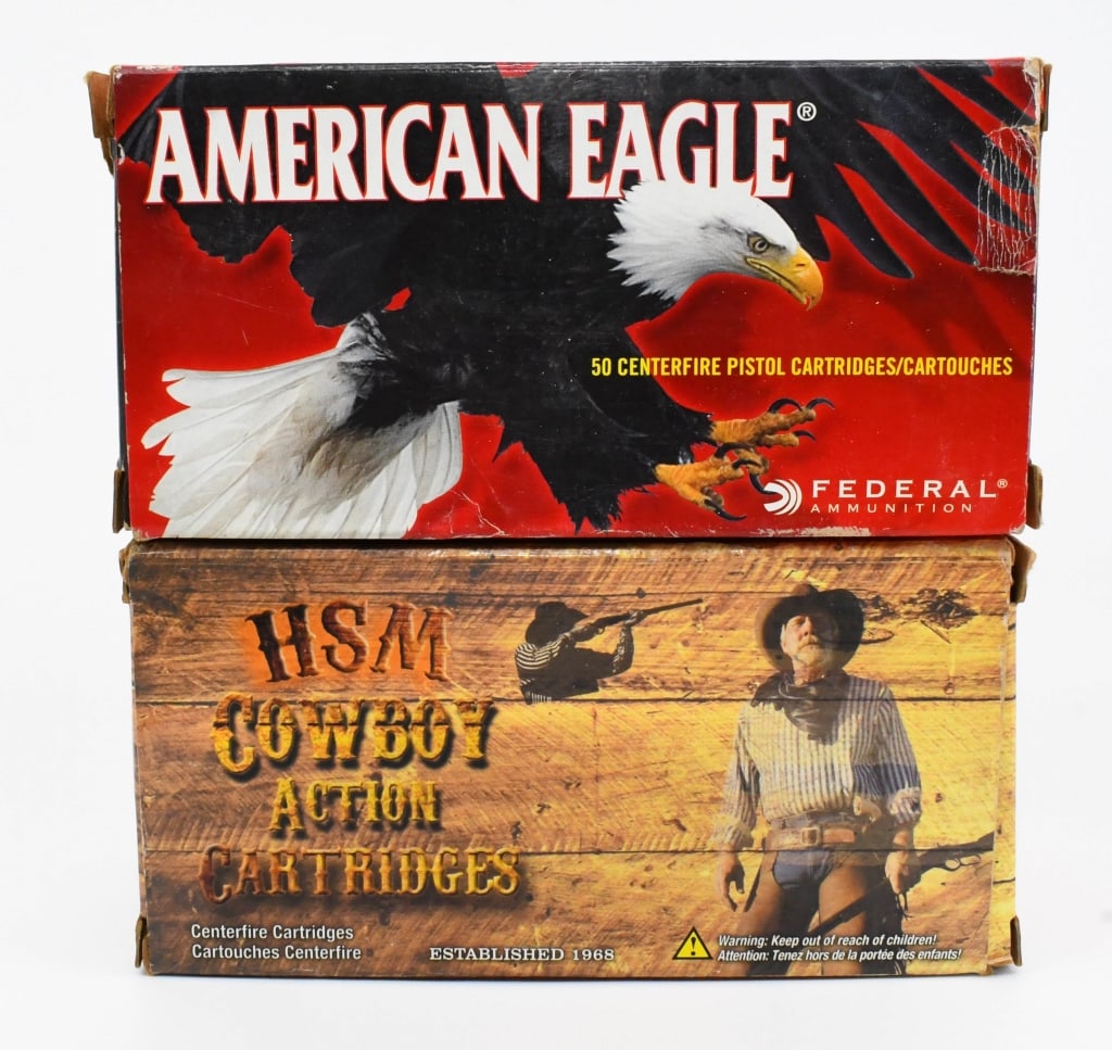 90 Rounds Of .45 Colt Ammunition: 50 Rounds Are American Eagle 225 Grain Jacketed Soft Points & 40 Rounds Are HSM 200 Grain Round Nose Flat Point Ammo