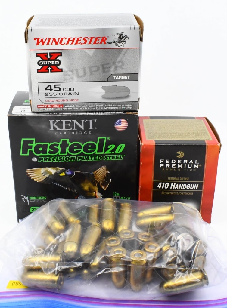 105 Rounds Of Various Caliber Ammunition: Contains 20 Rounds Of .45 Colt, 20 Rounds of .410 Ga , 40 Rounds of .45 ACP With Moon Clips, & 25 Rounds Are Fasteel 2 3/4" 12 Ga Shotshells