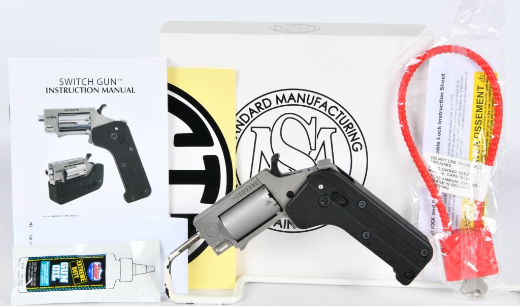 Switch Gun .22WMR Single Action Folding Revolver: Up Next We Have a Brand New Standard Manufacturing Switch Gun Single Action Folding Revolver, Just Like a SwitchBlade, This is a Switchgun! Chambered in .22 Magnum, and Comes in The Factory Box With L