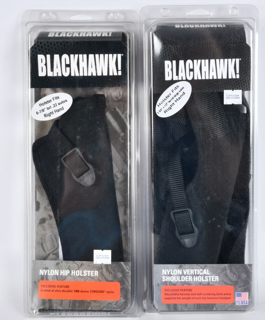 2 NIB Blackhawk Nylon Nip/Shoulder Holsters: 1 6-7/8" 22 Auto Right Handed Nylon Hip Holster & 1 3 3/4" to 4 1/2" Large Auto Right Handed Shoulder Holster Both Are New In the Package