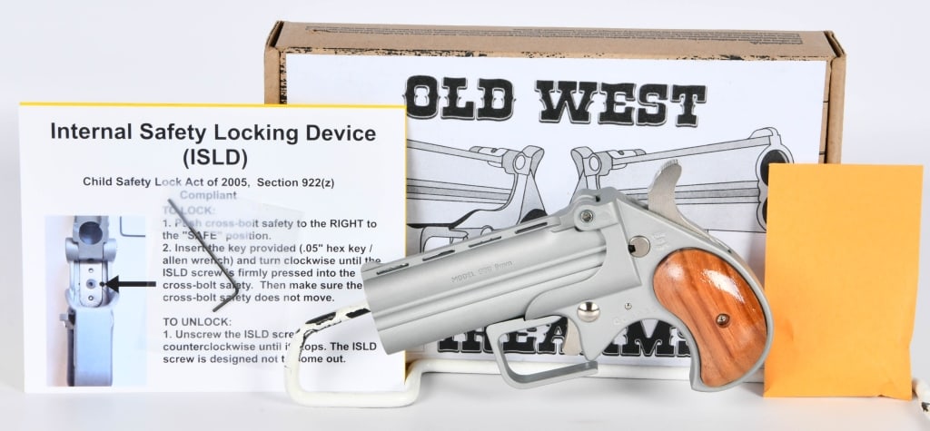 Old West Firearms Model BBG Derringer 9MM: Up Next We Have an Old West Firearms Model BBG Derringer Chambered in 9MM, It Appears in Excellent Like New Condition and Comes in The Factory Box With Paperwork.