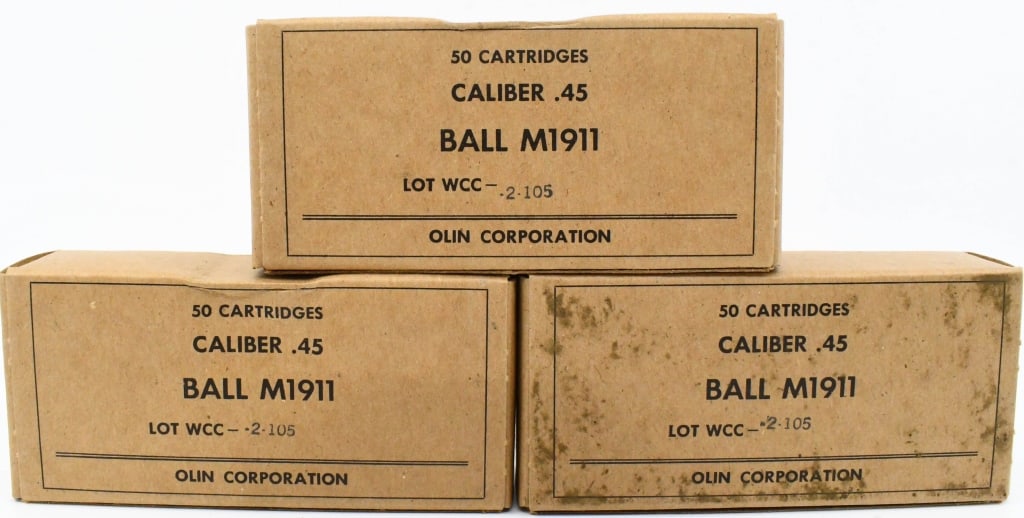 150 Rounds Of Ball M1911 .45 ACP Ammunition: Original Military .45 ACP Ammo Manufactured By Olin Corporation