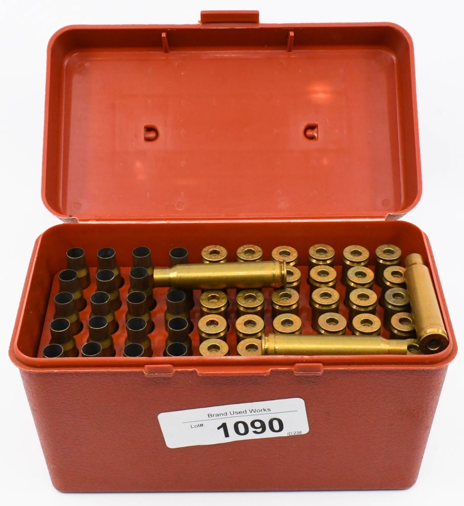 53 Count Of Empty .338 Win Mag Brass Casings: Empty Brass Casings Deprimed And Ready For Reloading, Also Comes With Plastic Storage Container