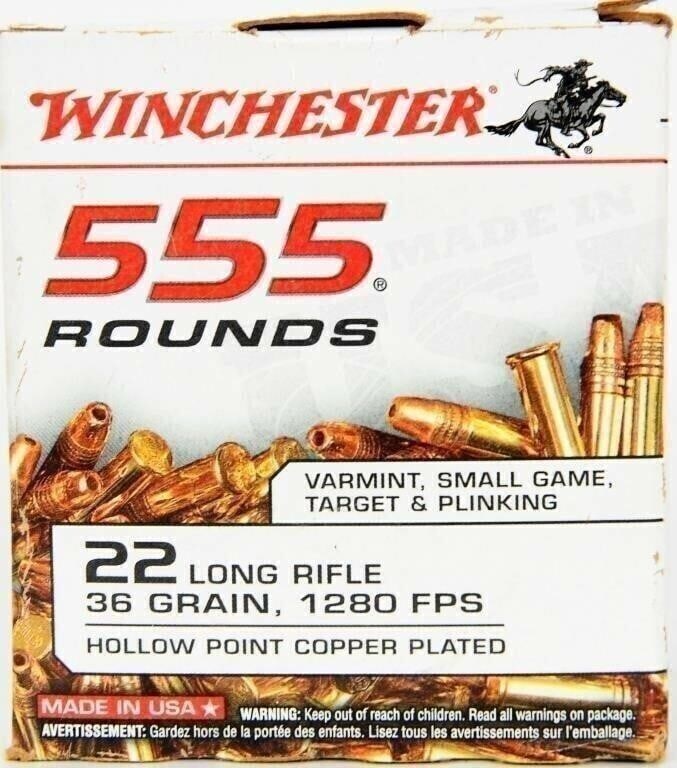 555 Rounds Of Winchester .22 LR Ammunition: 555 Rounds Of Winchester .22 LR Ammunition 555 Bulk .22 LR 36 Grain Plated HP 555 Round Box Winchester .22 Long Rifle ammunition with its 36 Grain Copper Plated Hollow Point at 1280 fps is excellent f