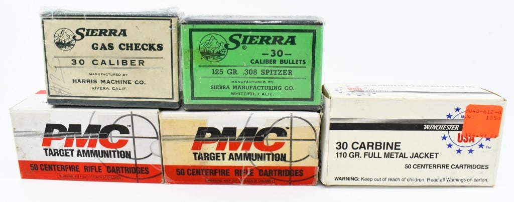150 Rds Of .30 Carbine & .30 Cal Reloading Bullet: Tips; 150 Rounds Of .30 Carbine Brass Cased Ammunition , 100 Count Of Sierra 125 Grain .308 Spitzer Reloading Buller Tips & .30 Caliber Gas Checks