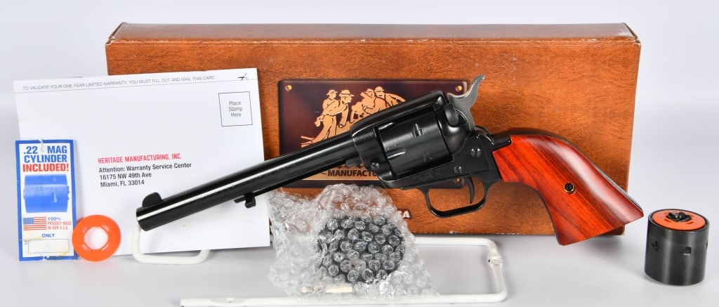 Heritage Arms Rough Rider Revolver 6 1/2" .22LR: Up Next We Have a Heritage Rough Rider with a 6 1/2" Barrel, and Comes With Both Cylinders chambered for .22 Magnum and .22 LR, 6 Round Cylinder, Coco bolo Grips, Blue Finish, Comes in The Factory Box