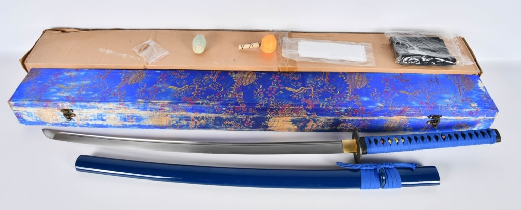 New In Box Fantasy Katana Sword W/ Case: Comes Brand New in the Box, Blue Color , Measures Approx 42" Long Overall, Comes With Extra & Special Design Case