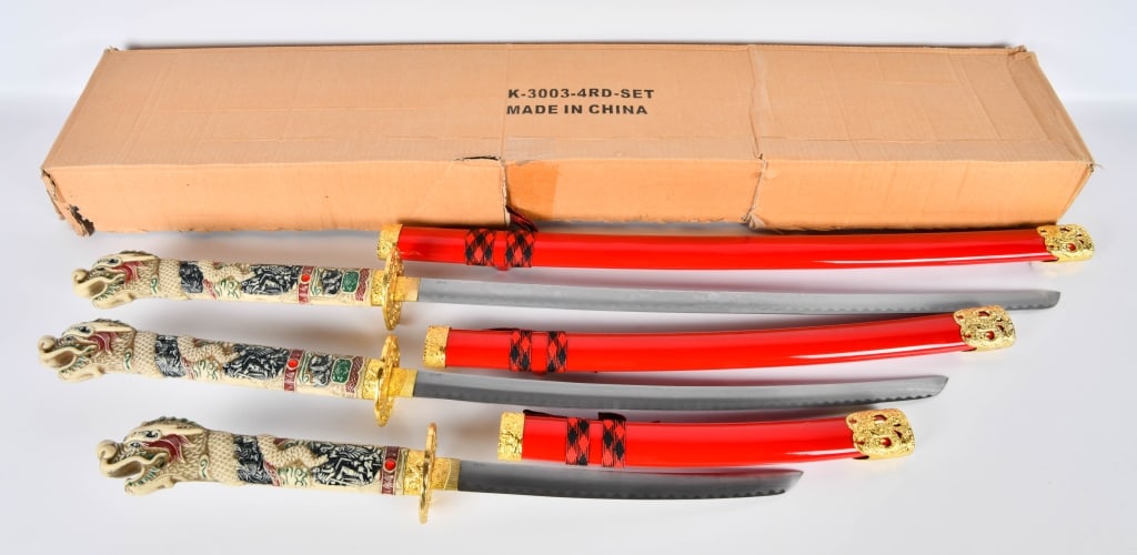 NIB Dragon Design 3 Piece Fantasy Sword Set: Red Color Dragon Design 3 Different Size Swords With Sheaths & Display Stand , Comes Brand New in the Box